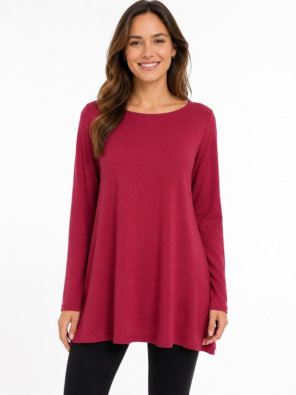 Whispwr Knit Relaxed Long-Sleeve Swing Top in Deep Berry Women's Size L